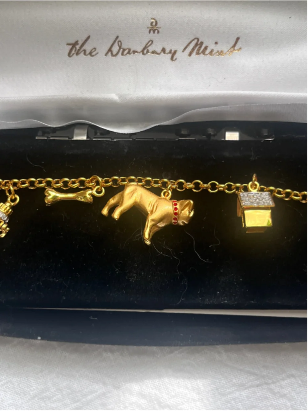 Vintage Danbury Mint Pug Dog Charm Bracelet 24K Gold Plated In Original Box